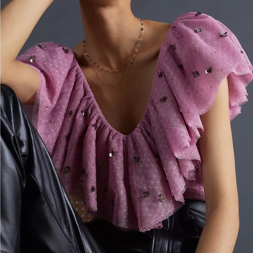 COPY - NWT Anthropologie Maeve Ruffled Tulle Blouse Mauve Size small s